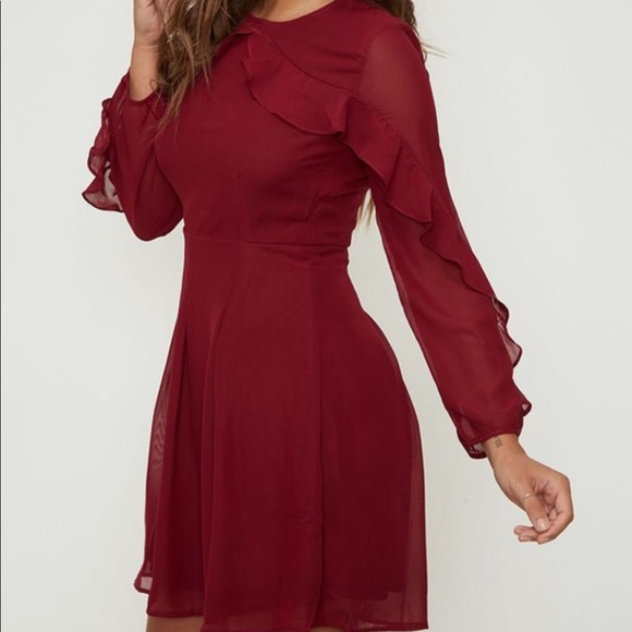 SwankStyles Dresses & Skirts - Burgundy Long Sleeve Ruffled Detail Dress